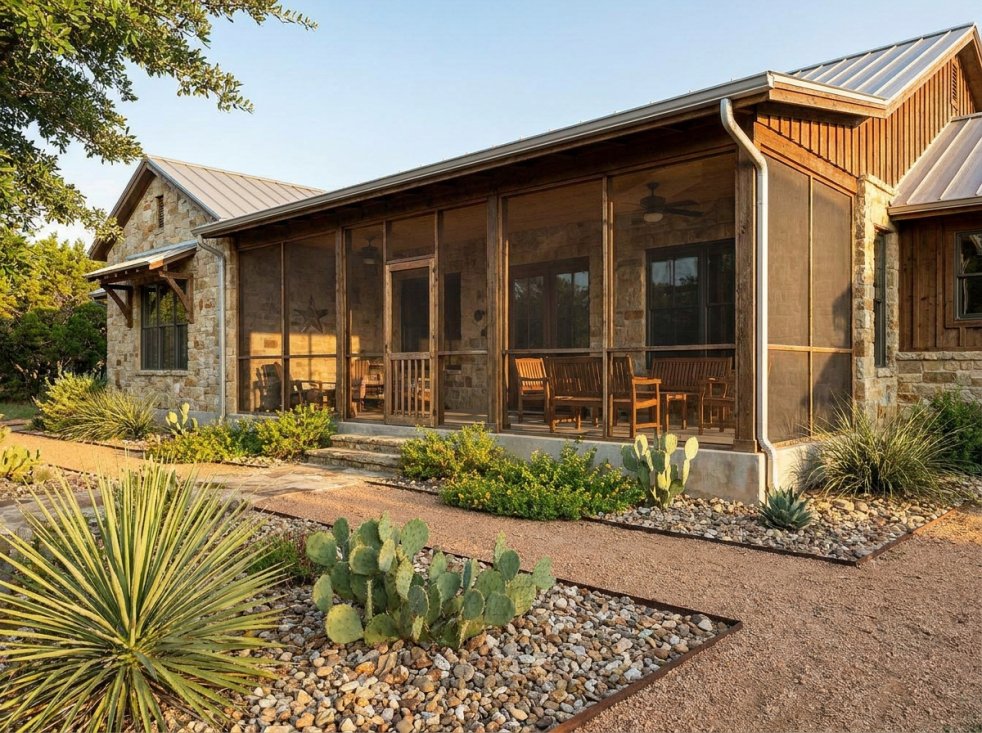 Texas stone house with screened-in porch, desert landscaping, cactus, and gravel walkway